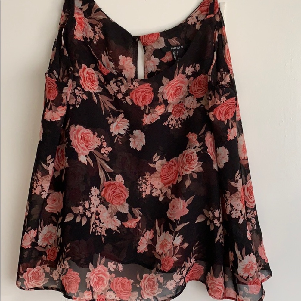 Black and pink flowered flowy tank